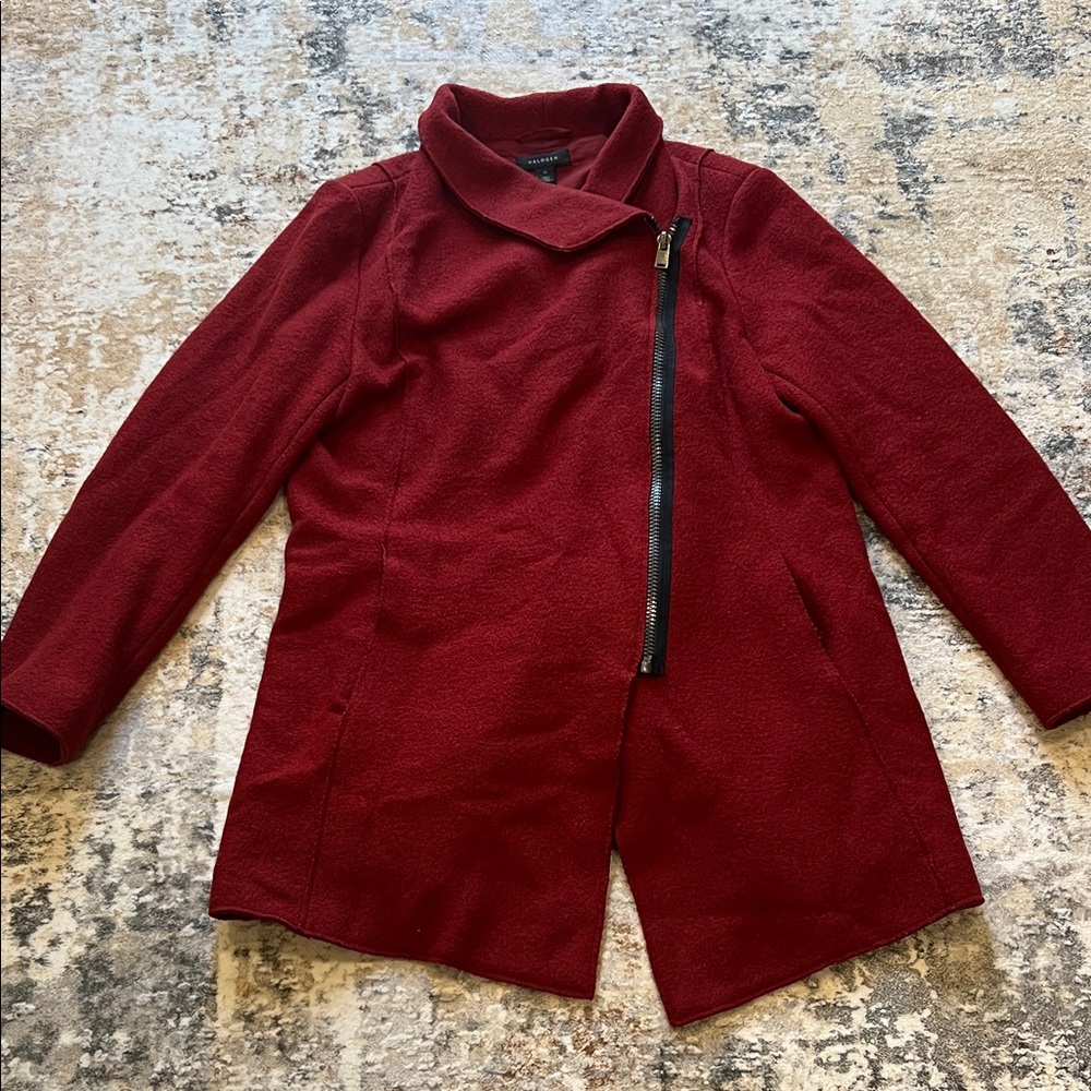 Halogen Burgundy Trench Coat with Asymmetric Zipper